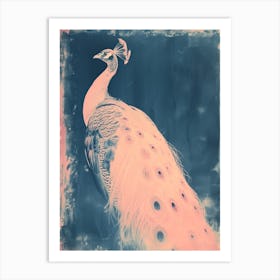 Pink & Blue Cyanotype Peacock Portrait Art Print