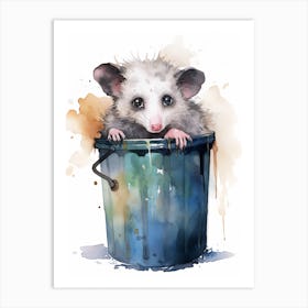 Light Watercolor Painting Of A Possum In Trash Can 4 Art Print