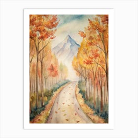 Autumn Road Watercolor Painting Art Print