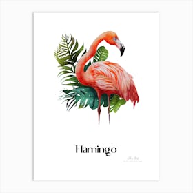 Flamingo. Long, thin legs. Pink or bright red color. Black feathers on the tips of its wings.14 Art Print