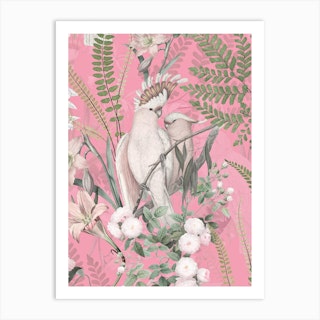 Tropical Birds With Roses And Leaves Art Print