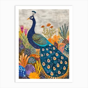 Folky Floral Peacock With The Big Leaves 1 Art Print
