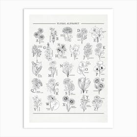 Floral Alphabet Black & White Sketch Art Print