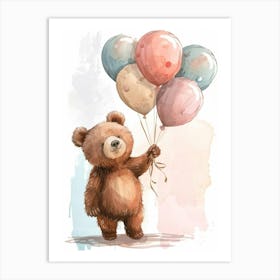 Brown Bear Holding Balloons Storybook Illustration 3 Art Print