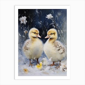 Snowy Winter Ducklings Floral Painting 4 Art Print
