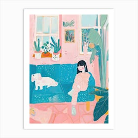 Girl In The Sofa With Pets Tv Lo Fi Kawaii Illustration 2 Art Print
