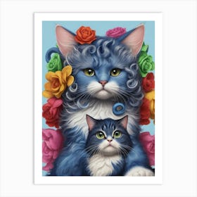 Blue Cat With Roses Art Print