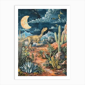 Dinosaur In The Desert At Night Painting Art Print