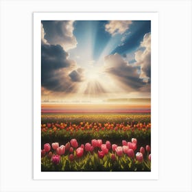 Tulip Field With Sun Rays Art Print