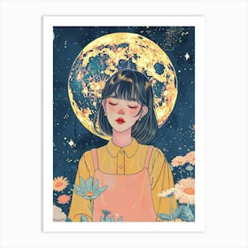 asian Girl With Flowers And The Moon Art Print