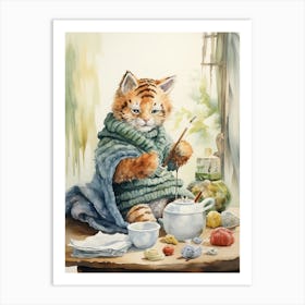 Tiger Illustration Knitting Watercolour 1 Art Print