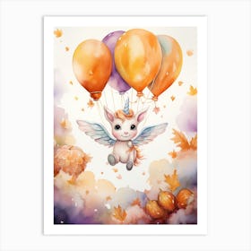 Unicorn Flying With Autumn Fall Pumpkins And Balloons Watercolour Nursery 2 Art Print