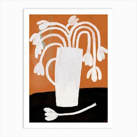 White Flowers Vase Still Life On Orange And Black Art Print