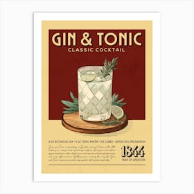 Gin And Tonic Classic Cocktail Art Print