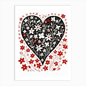 Heart Linocut Black & Red White Background 1 Art Print