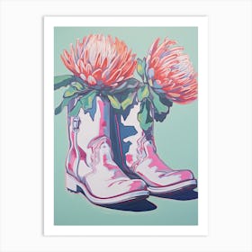 A Painting Of Cowboy Boots With Protea Flowers, Fauvist Style, Still Life 3 Art Print