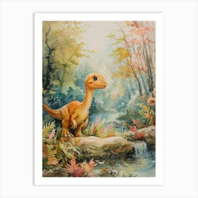 Cute Dinosaur By A Stream Storybook Painting Style Art Print