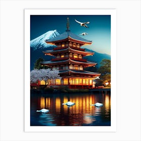 Japanese Pagoda At Night Art Print