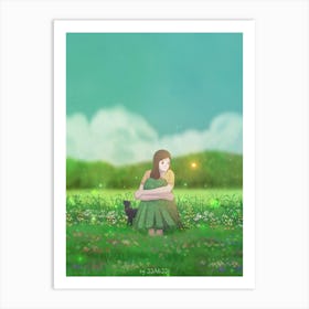 Spring girl Hugging Cat green season Art Print