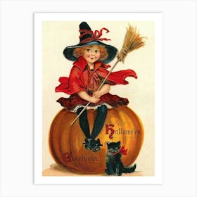 Cute Little Witch Sitting On A Pumpkin And A Black Cat Art Print