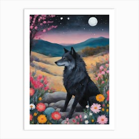 Dark Wolf ~ Dreamy Art Pastels Botanical Magical Woodland Cottagecore Art Print