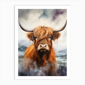 Close Up Watercolour Portrait Of Highland Cow In The Storm Art Print