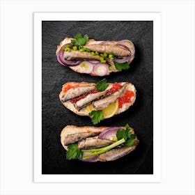 Sandwiches with sprats and caviar — Food kitchen poster/blackboard, photo art Art Print