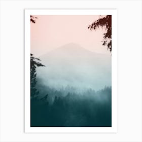 PNW Foggy Pastel Forest Mountains Art Print