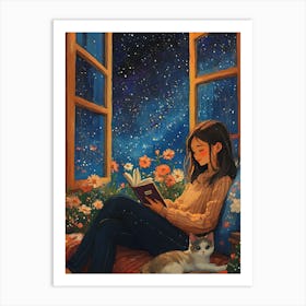 Girl Reading Book with Her Cat 5 Art Print