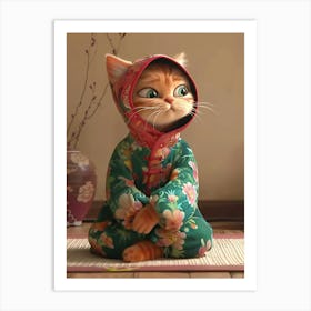 Pixar Animation Style A Female Cute Orange Cat Wearing A Chinese Northeast Flower Cotton Padded Jacket Is Sitting Cross Legged On The Earthen Kang With A Wronged Look On Her Face Art Print