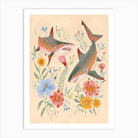 Folksy Floral Animal Drawing Shark 2 Art Print