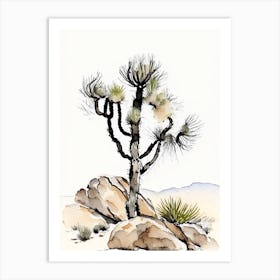 Joshua Tree In Rocky Landscape Minimilist Watercolour  (1) Art Print