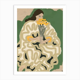 Woman With Flowers Green & Yellow Art Print