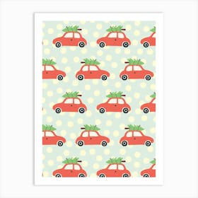 Little Red Cars with Bright Green Christmas Trees Light Blue and Cream Polka Dot Art Print