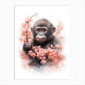 Gorilla Art With Flowers Watercolour Nursery 3 Art Print