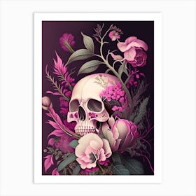 Skull With Floral Patterns 1 Pink Botanical Art Print