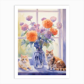 Cat With Daises Flowers Watercolor Mothers Day Valentines 4 Art Print