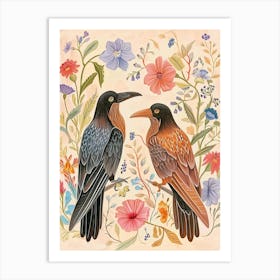 Folksy Floral Animal Drawing Raven 2 Art Print