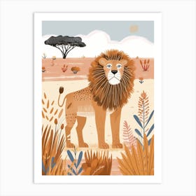 African Lion Hunting In The Savannah Illustration 4 Art Print