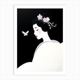 Geisha An Butterfly - Black An White Art Print