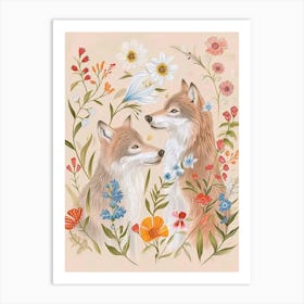 Folksy Floral Animal Drawing Wolf 3 Art Print