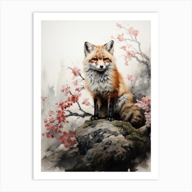 Fox, Japanese Brush Painting, Ukiyo E, Minimal 1 Art Print