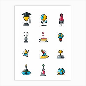 Cartoon Icons Sketched By Hand Illustrating Various Events And Educational Themes Such As A Gradua Art Print