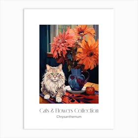 Cats & Flowers Collection Chrysanthemum Flower Vase And A Cat, A Painting In The Style Of Matisse 1 Art Print