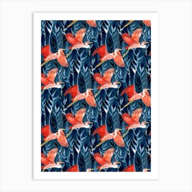 Birds And Reeds In Red And Blue Art Print