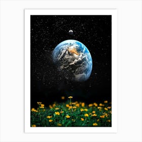 Earth In Space With Flowers Art Print