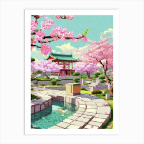 A Serene Zen Garden With Pixelated Cherry Blossoms Art Print