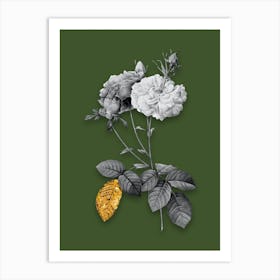 Vintage Damask Rose Black and White Gold Leaf Floral Art on Olive Green n.0123 Art Print
