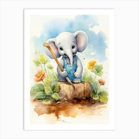 Elephant Painting Gardening Watercolour 4 Art Print