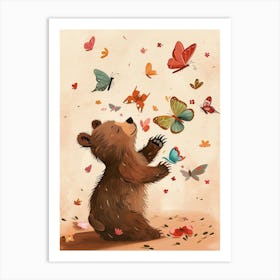 Brown Bear Cub Playing With Butterflies Storybook Illustration 1 Art Print